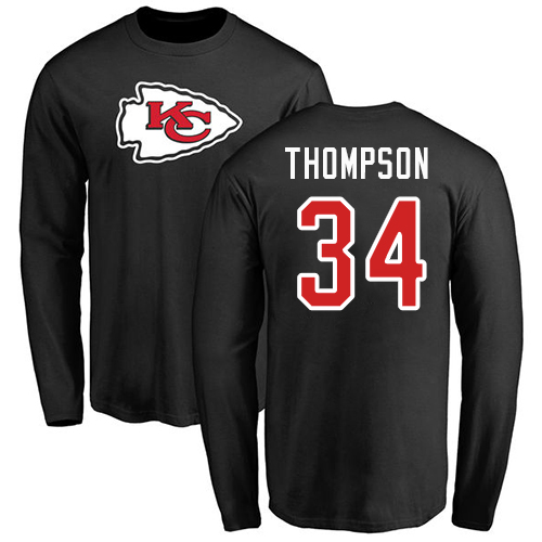Men Kansas City Chiefs #34 Thompson Darwin Black Name and Number Logo Long Sleeve T-Shirt